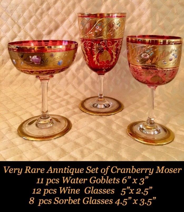 Exquisite Antique Rare Moser Cranberry Partial Set Goblets and Glass