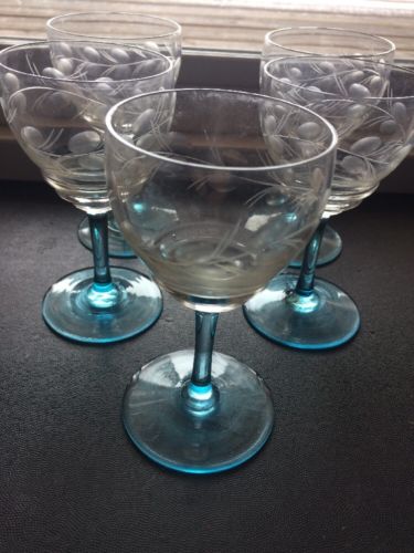 STEMWARE WINE  GLASSES (4 Total)  BLUE BASE CLEAR FLORAL ETCHED BOWL