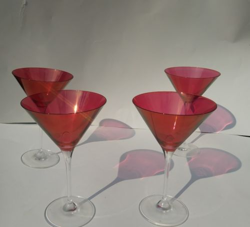 Iridescent Cranberry MARTINI GLASSES ROSE Red Pink STEMS Set of 4