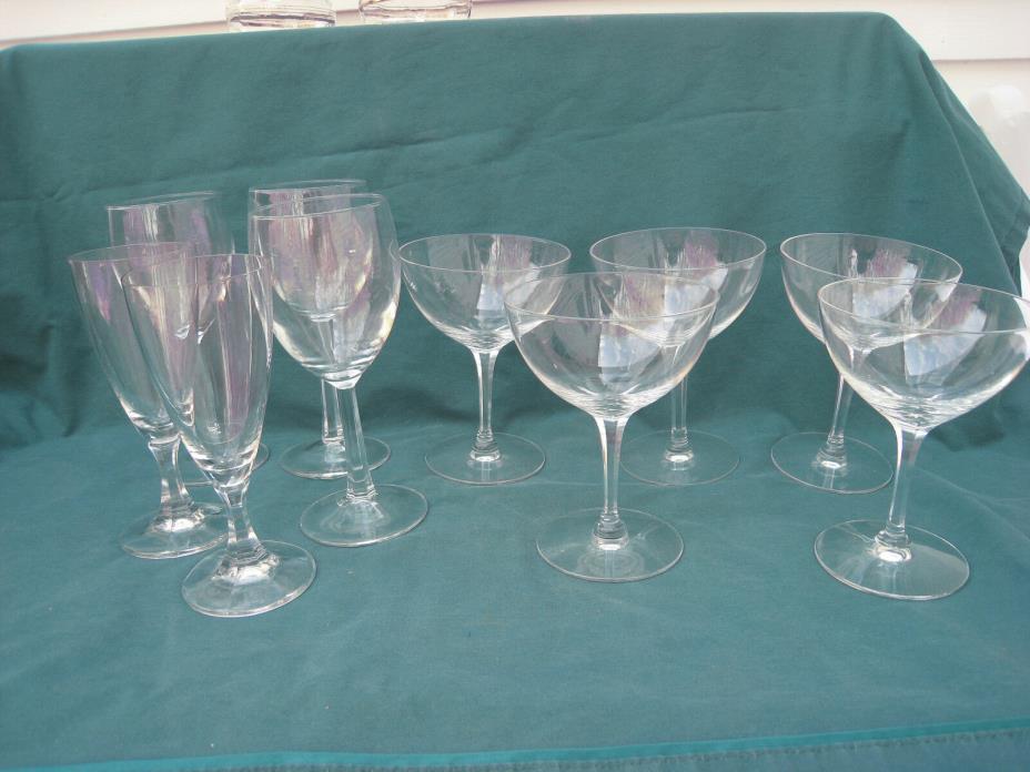 Assortment of 10 vintage wine water champagne ? ridged stem glasses  same design