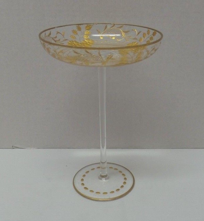 Vintage Antique Gold Flowers Cut Glass Tall Champagne Compote glass