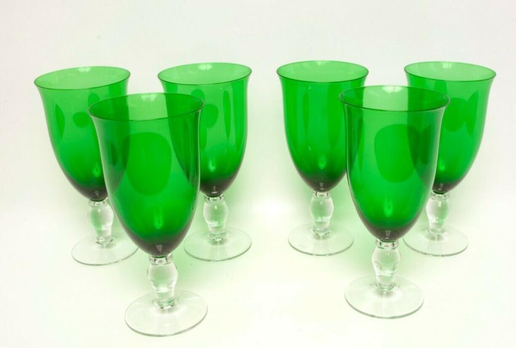 Vintage Emerald Green Crystal Goblets Clear Ball Stems Set of 6 Wine Glasses