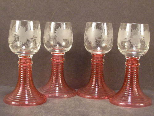 19 c Moser Intaglio Cut Crystal Beehive Cranberry Roemer Stem Wine Glass Goblet~