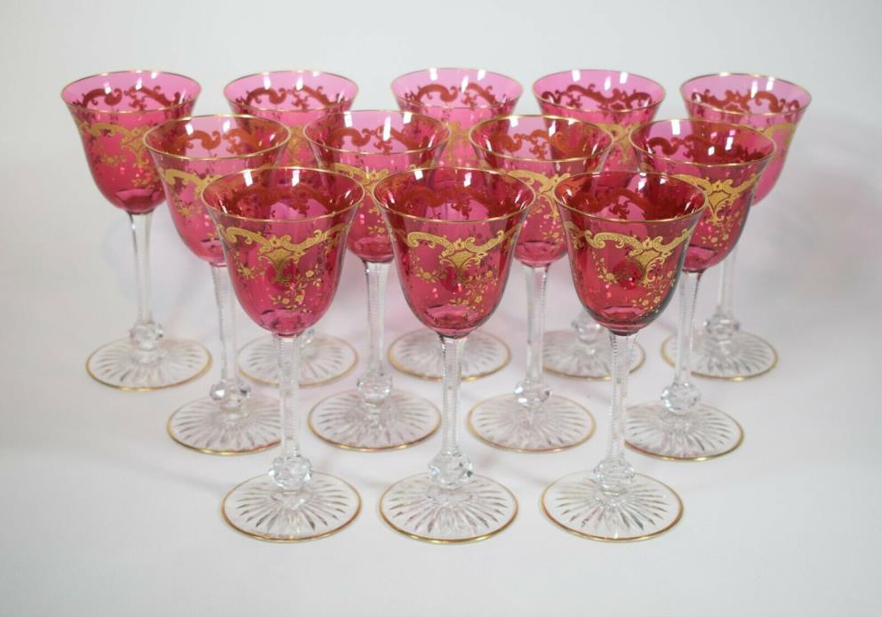 12 St Louis Massenet Cranbery and Gold Gilt wine Glasses