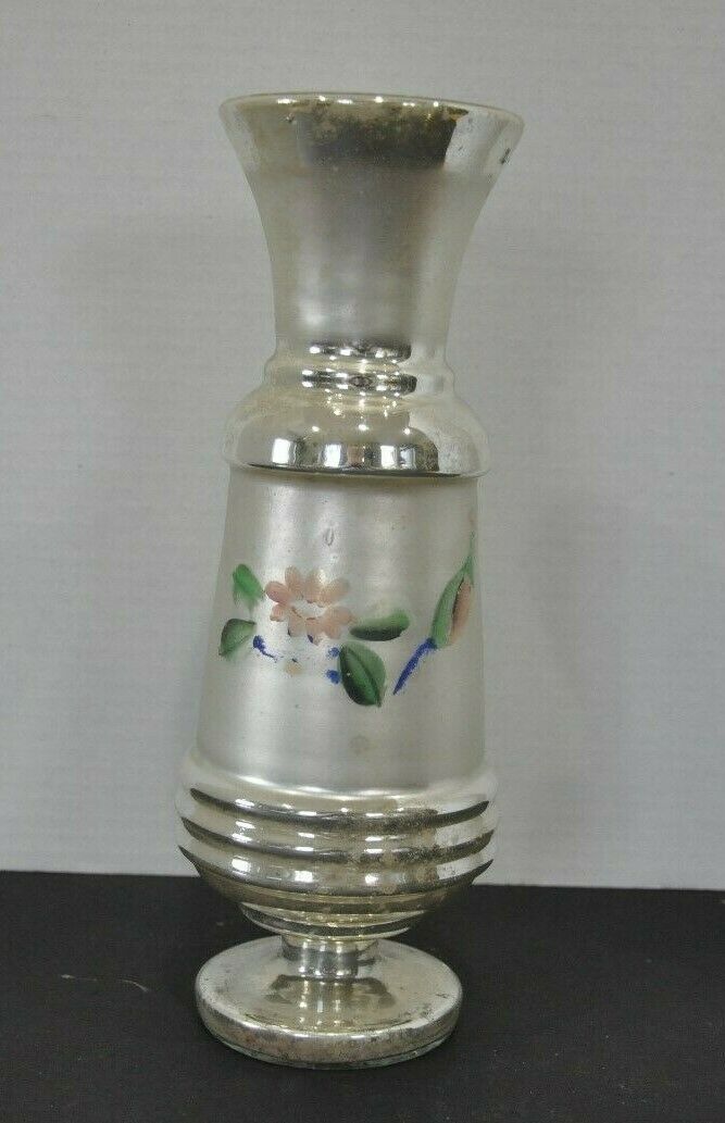 Vintage Antique Mercury Glass Vase Hand Painted White and Silver Flowers Bird