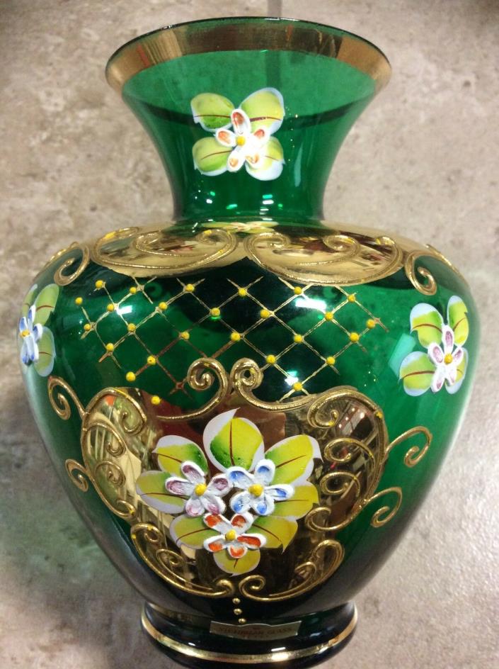 Victorian Glass SEYEI Emerald Green Hand Painted Vase
