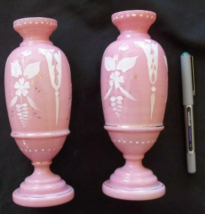 Collectible pair of handblown pink glass vases in the style of Mary Gregory