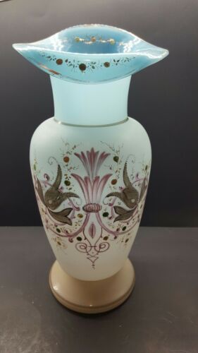 VINTAGE blue GLASS FLOWER VASE, ANTIQUE, (14IN. TALL), HAND PAINTED, COLLECTIBLE