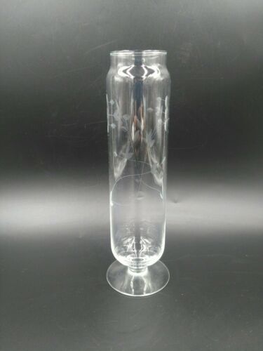 Vintage Small Etched Floral  Glass Bud Vase Vanity Hat Pin Holder 8.5