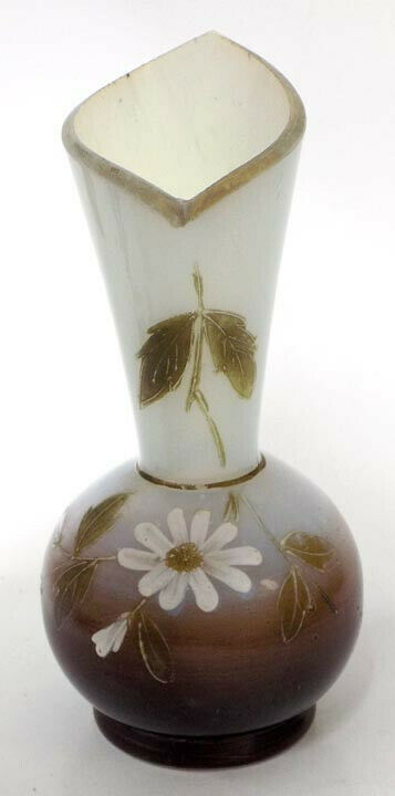 Thick Old Opalescent Glass Vase Painted Daisy Design In Green, Brown & White