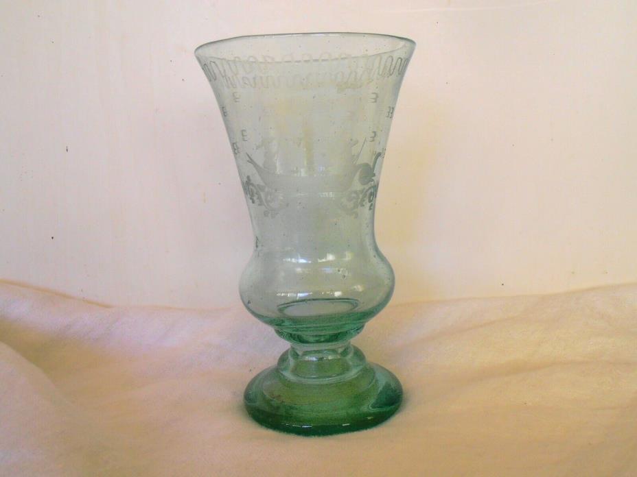 Early Antique blown green glass vase with open pontil wheel cut designs C. 1830
