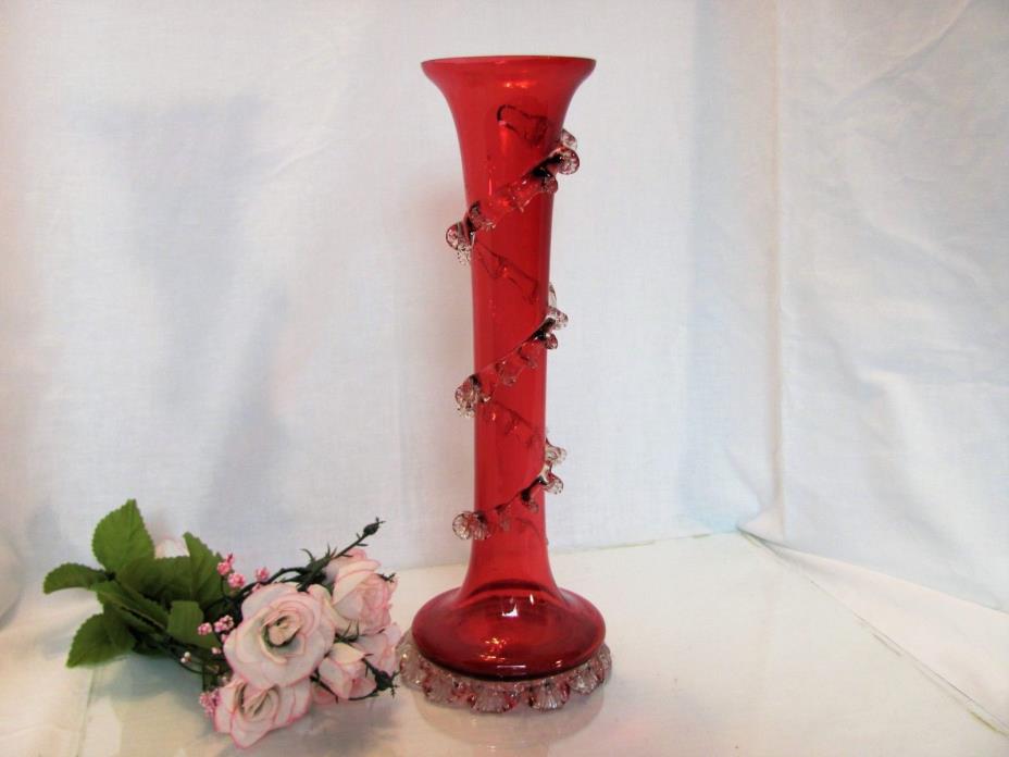 VICTORIAN CRANBERRY ART GLASS VASE Applied Feet Wrapped RIGAREE PONTIL 11 1/2