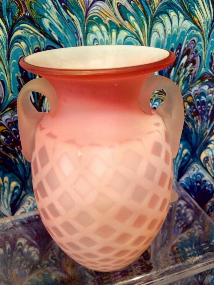 Pink Satin Glass Diamond Quilted Vase Blown Glass Handles SIGNED Antique 5