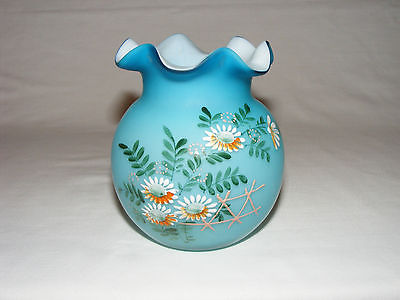 ANTIQUE VICTORIAN TURQUOISE BLUE WHITE CASED ART GLASS VASE BOWL DAISIES c. 1880