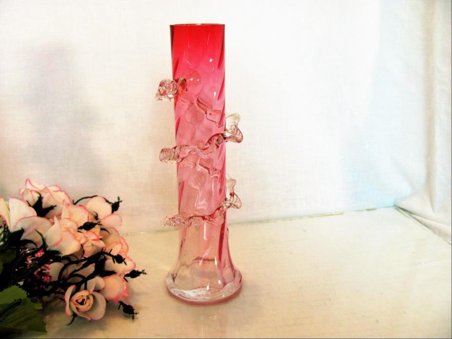 VICTORIAN CRANBERRY ART GLASS VASE Wrapped RIGAREE 7 1/2