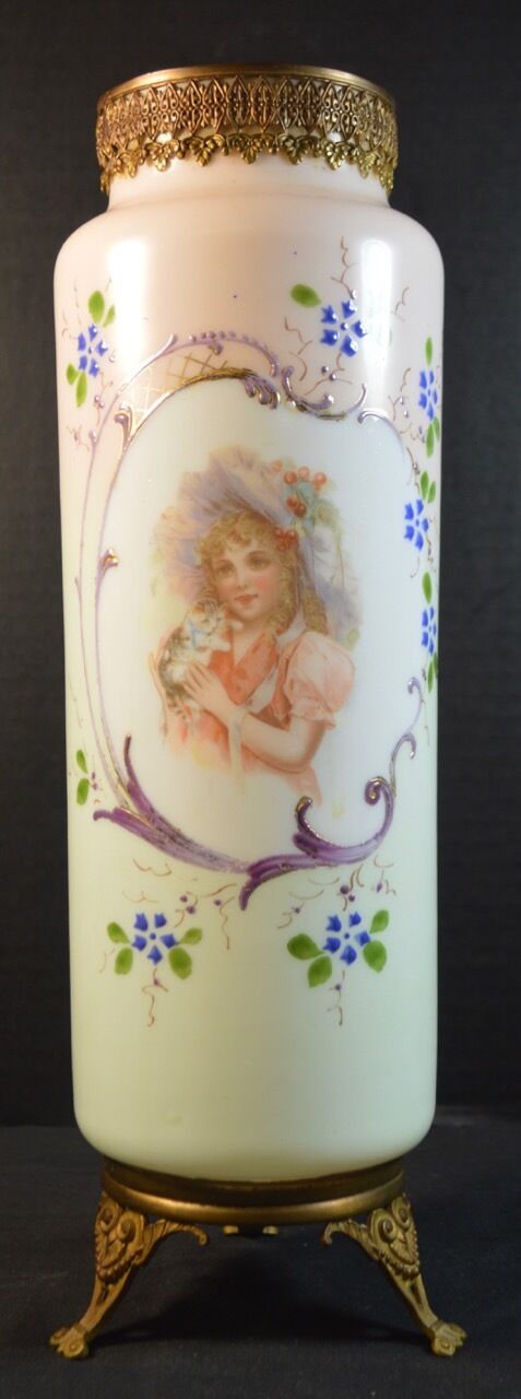 Antique Art Glass Vase with Portrait of a Young Woman Bristol Style