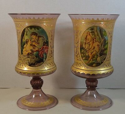 Pair of Antique Venetian Painted Neoclassical Gilt Glass Vases