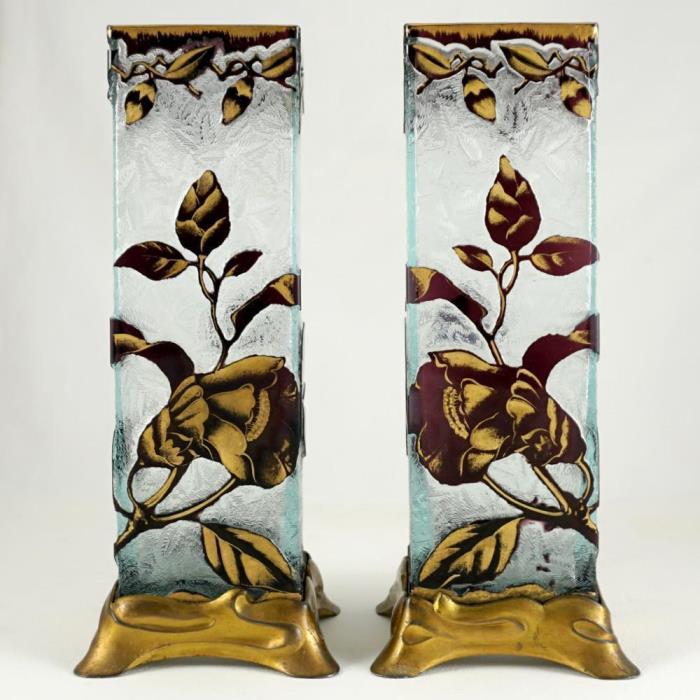 Signed BACCARAT Pair Antique Cameo Glass Vases French Art Nouveau Gilt Metal