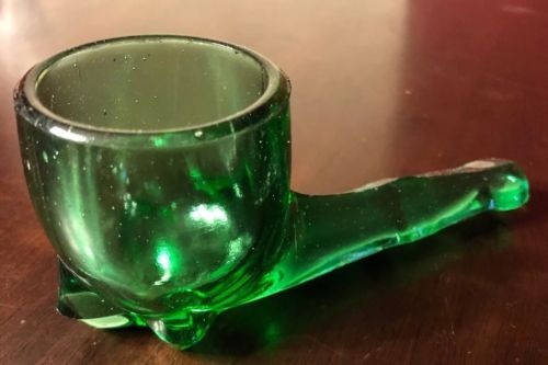 Vintage Unique Art Glass Pipe Vase Planter Pressed Vaseline Green Flint Glass