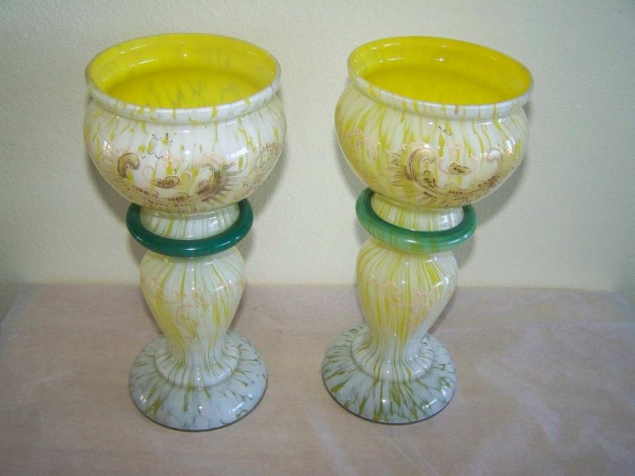 Vintage Or Antique Spatter Glass Vases With Enamel Paint Design