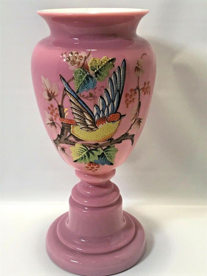 Antique Bristol Glass Vase Pink Bird Branches & Leaves Hand Painted 8 7/8
