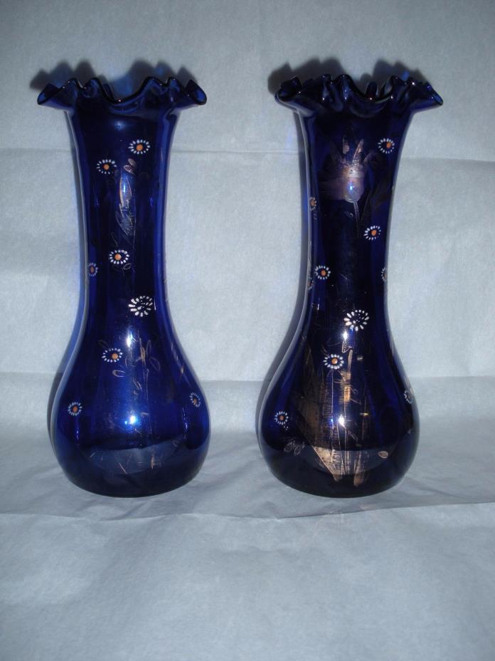 Pair Antique Cobalt Blue Hand Blown Fluted Glass Vases 9 1/2