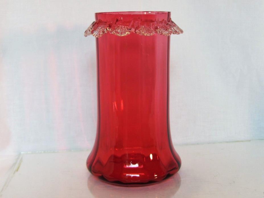 VICTORIAN CRANBERRY Art Glass Vase Applied  Rigaree  at the Top Polished Pontil