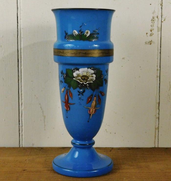 Beautiful Antique Victorian French Enamel Gilt Decorated Blue Opaline Glass Vase