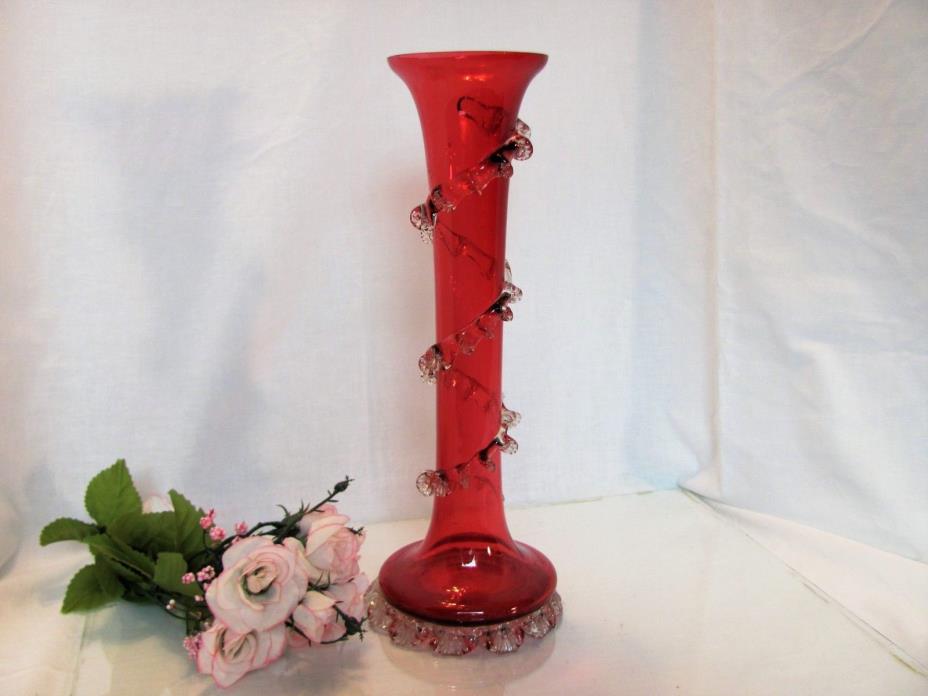 ~ VICTORIAN CRANBERRY ART GLASS VASE Applied Feet Wrapped RIGAREE PONTIL 11 1/2