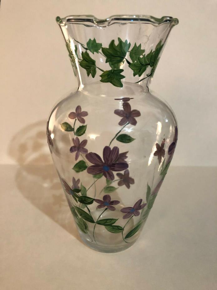 Small Glass Vase Hand Painted Purple Flowers and Green Vines