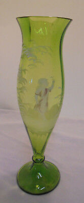 Mary Gregory Glass Vase Green, Lady Flowers 1.75