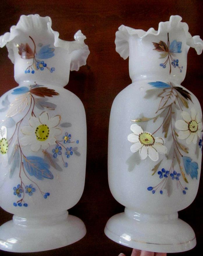 Pair~1800s Victorian Antique Satin Glass Tall Mantel Vases~Hand Painted Flowers