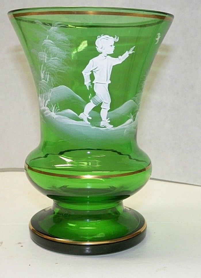 Antique Vintage Mary Gregory Forest Green Glass Vase w/White Enamel Gold Bands
