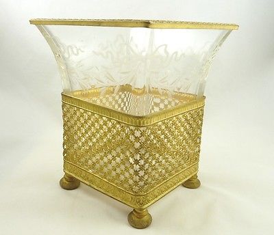ANTIQUE FRENCH VASE PLANTER GILT ORMOLU & CRYSTAL ETCHED WITH BOWS & SWAGS