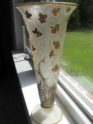 Antique Art Nouveau Glass Vase Mont Joye 13” Chipped Ice Cameo Legras France