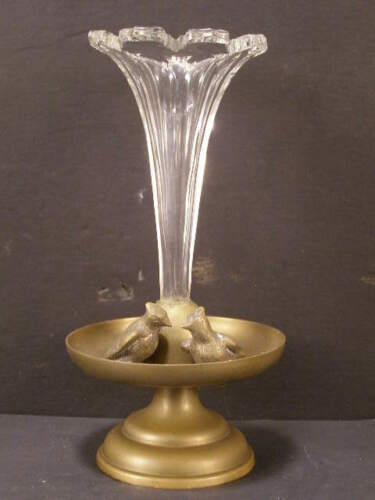 1800's Flint Skirted Moser Cut Glass Bronze Bird Figure Vase Epergne Centerpiece