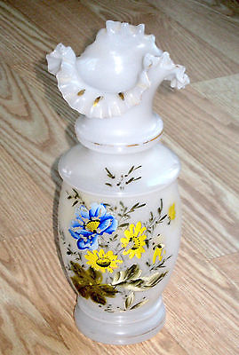 BRISTOL blown glass RUFFLE hand painted TALL VASE Victorian era rough pontil
