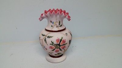 Victorian Bristol Glass Vase Ruffled Rim Hand Painted Raised Floral Antique
