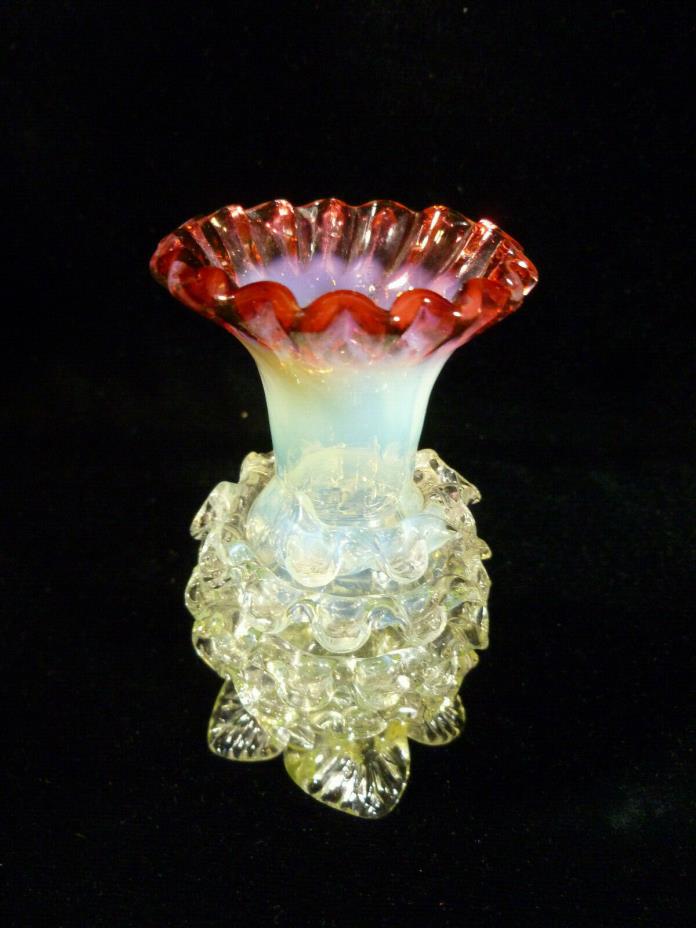 Wonderful Vaseline, Opalescent and Cranberry Miniature Ruffle Vase – Circa 1870