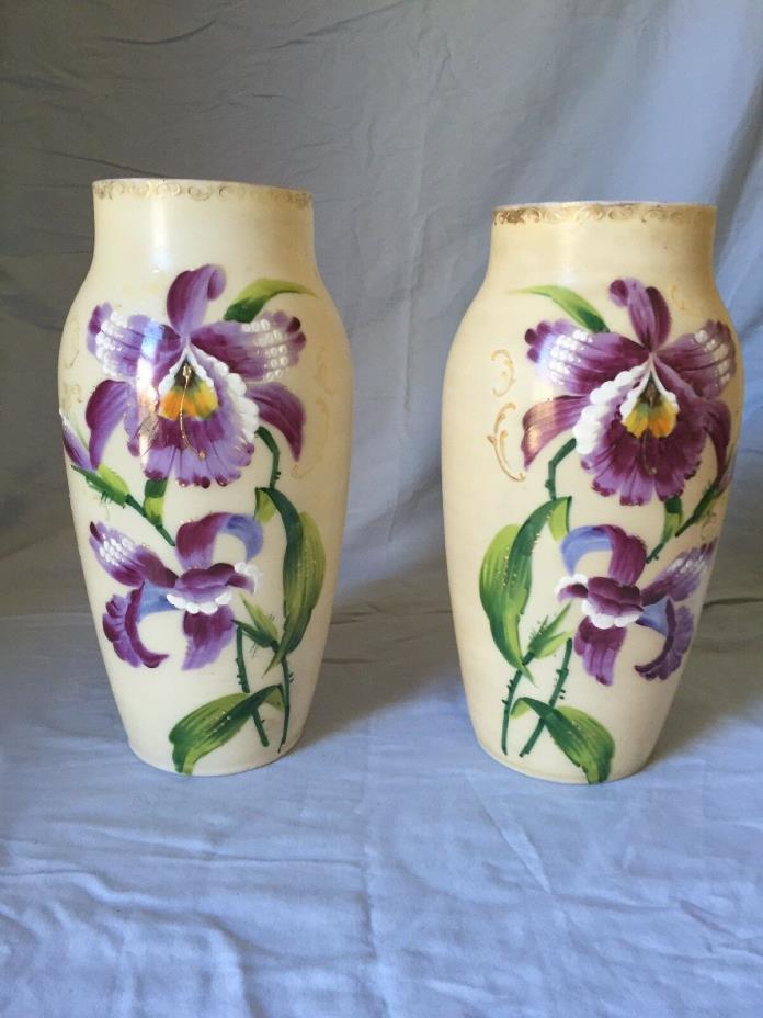 Antique Pair of Enamel Decorated Handpainted Bristol Vases 11 1/4