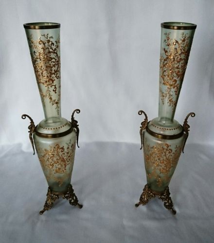 Pair of Bohemian Vases Frosted Glass Gilded on Cast Ornate Base 17 inches tall