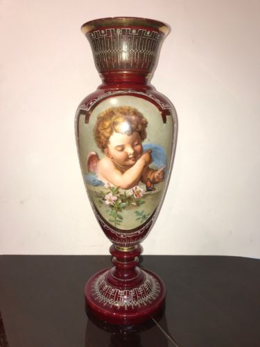 Large Bohemian Hand Painted & Enameled Red Glass Vase Height:21 3/4” Circa 1900
