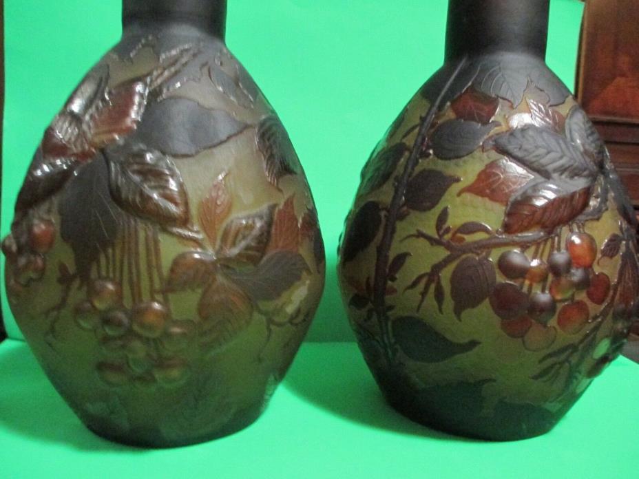 BEAUTIFUL PAIR CAMEO GALLE GLASS VASES .