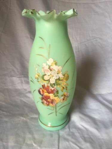 Antique Hand Painted Bristol Glass Vase Flowers 9 1/2