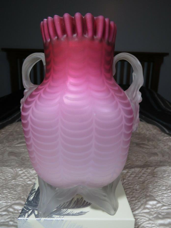 RARE VICTORIAN MAGENTA ART GLASS SATIN  MOTHER OF PEARL VASE LARGE CANDY RIBBON