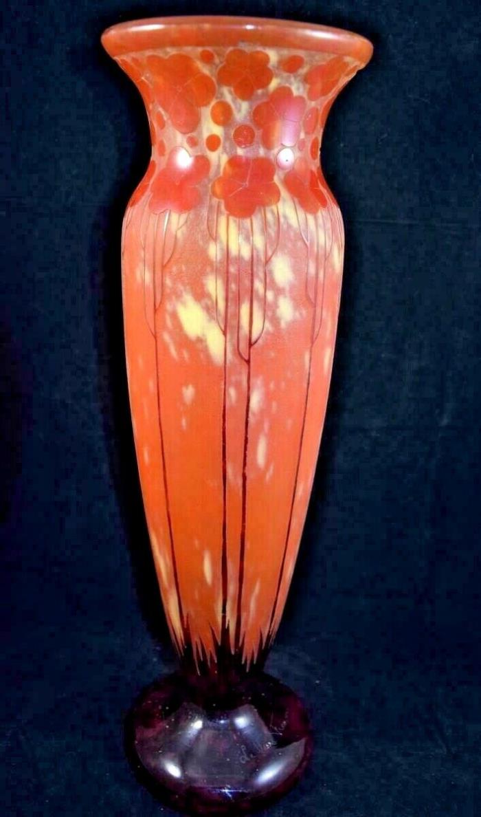 Large  Art Deco Vase Multilayer Glass Signed French Glass