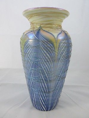 Rare Durand Pulled Feather Threaded Art Glass Vase Spider Webbing 9