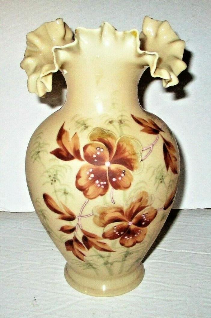 Antique Bristol Cased Glass Vase Hand Painted Ruffled Clambroth Enameled Floral
