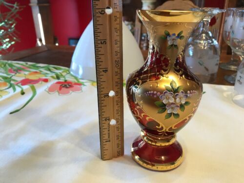 Bohemian Crystal Vase 24K Gold Enamel Gilded Red  Hand Painted 6 Inches Tall