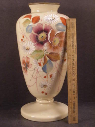 LG 19c Victorian French Opaline Custard Glass Hand Painted Enamel Mont Joye Vase